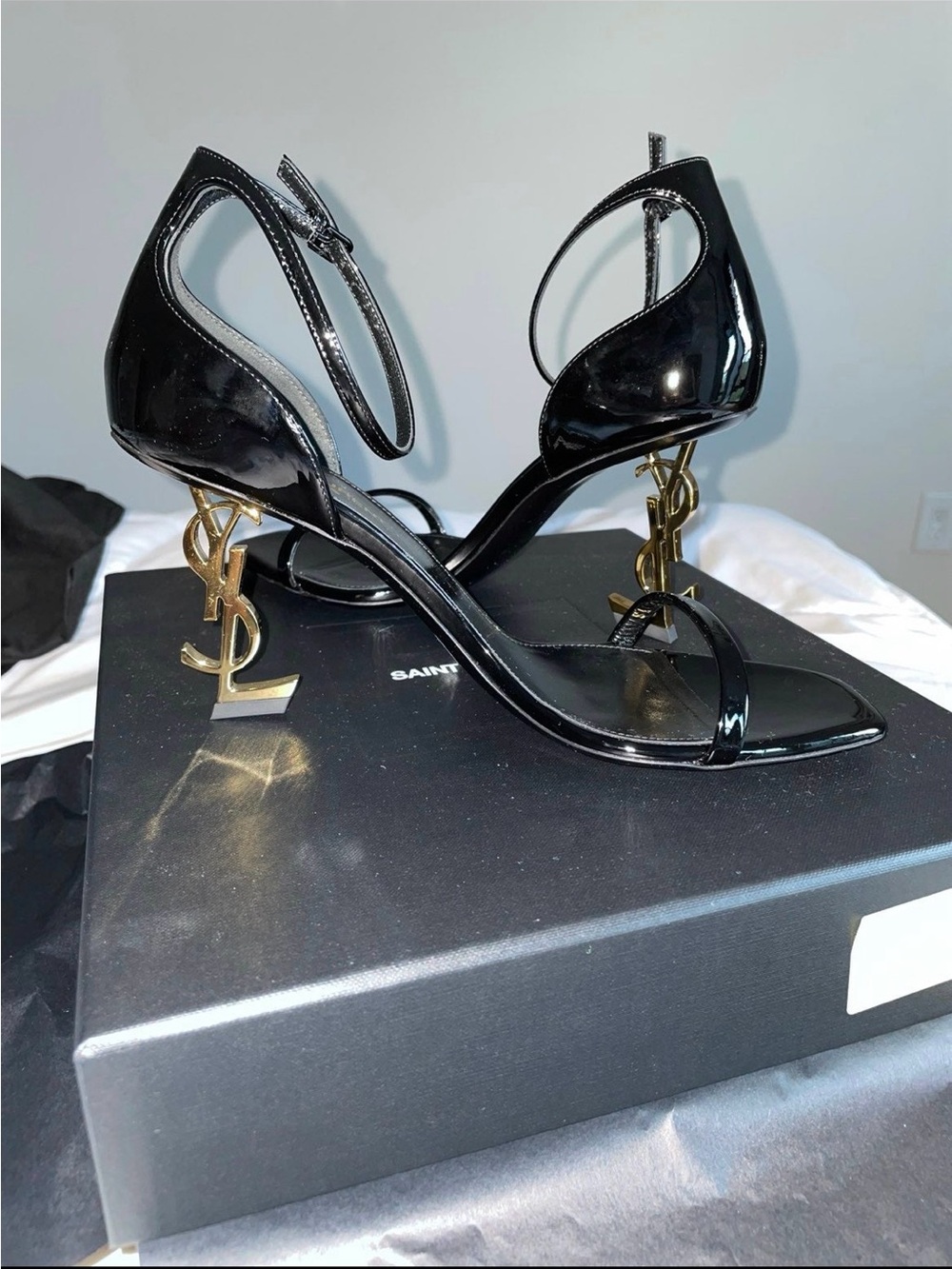 Saint Laurent Black Patent Leather Heels with Gold YSL Logo Heel